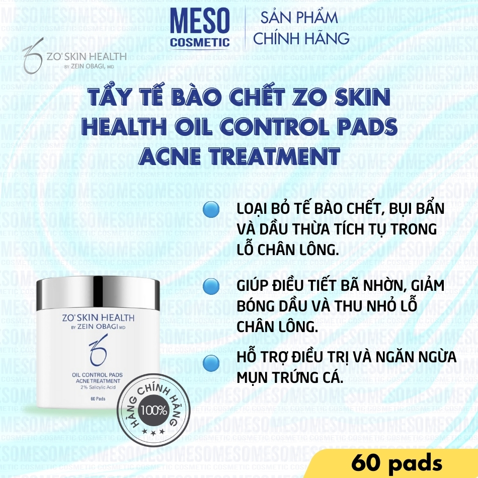 Tẩy tế bào chết Zo Skin Health Oil Control Pads Acne Treatment